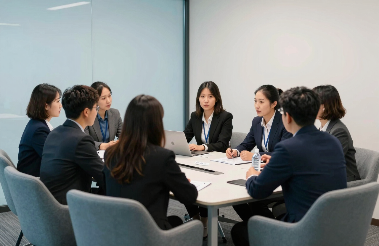 A collaborative meeting in a bright, modern North American / Quebecois corporate office in Montreal. Professionals are discussing projects around a table with soft grey-blue chairs and pale off-white blue walls.