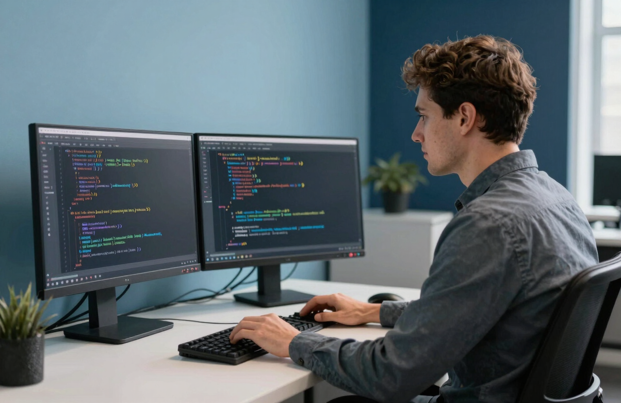 A professional in a modern North American / Quebecois office in Montreal, working on a dual-monitor setup with code on screen. The lighting is clean and bright with slate blue and dark navy blue accents in the office decor.