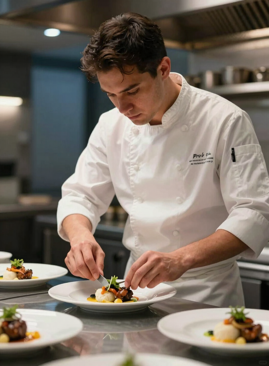 A high-end restaurant chef in a white uniform carefully plating a dish in a modern North American / Quebecois kitchen in Montreal, focused and professional atmosphere, warm natural lighting, hints of Slate Blue in the background decor.