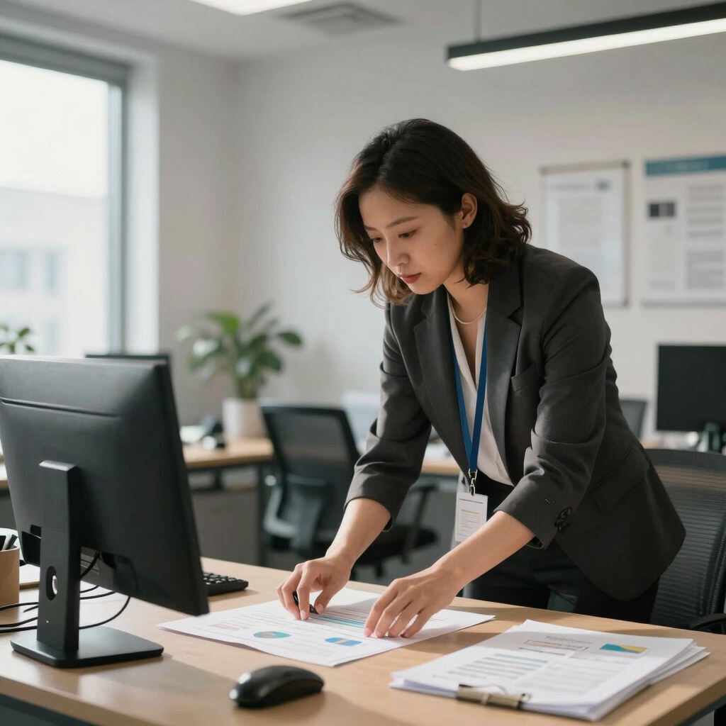 An administrative professional organizing a project in a clean Montreal office space, natural light.