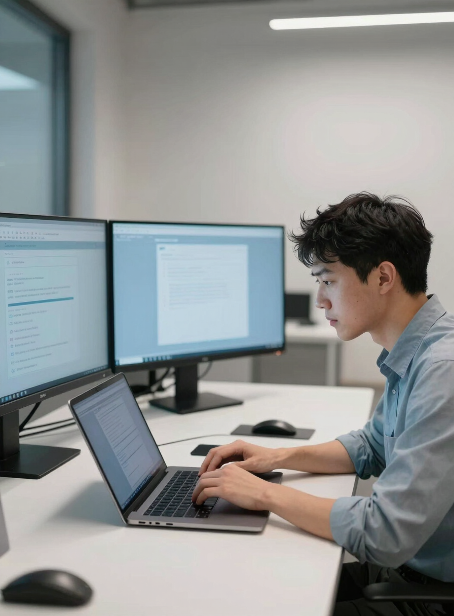 A focused professional working on a laptop with multiple monitors in a sleek North American / Quebecois tech workspace, clean lines, minimalist aesthetic, featuring accents of Pale Ice Blue and Slate Blue.