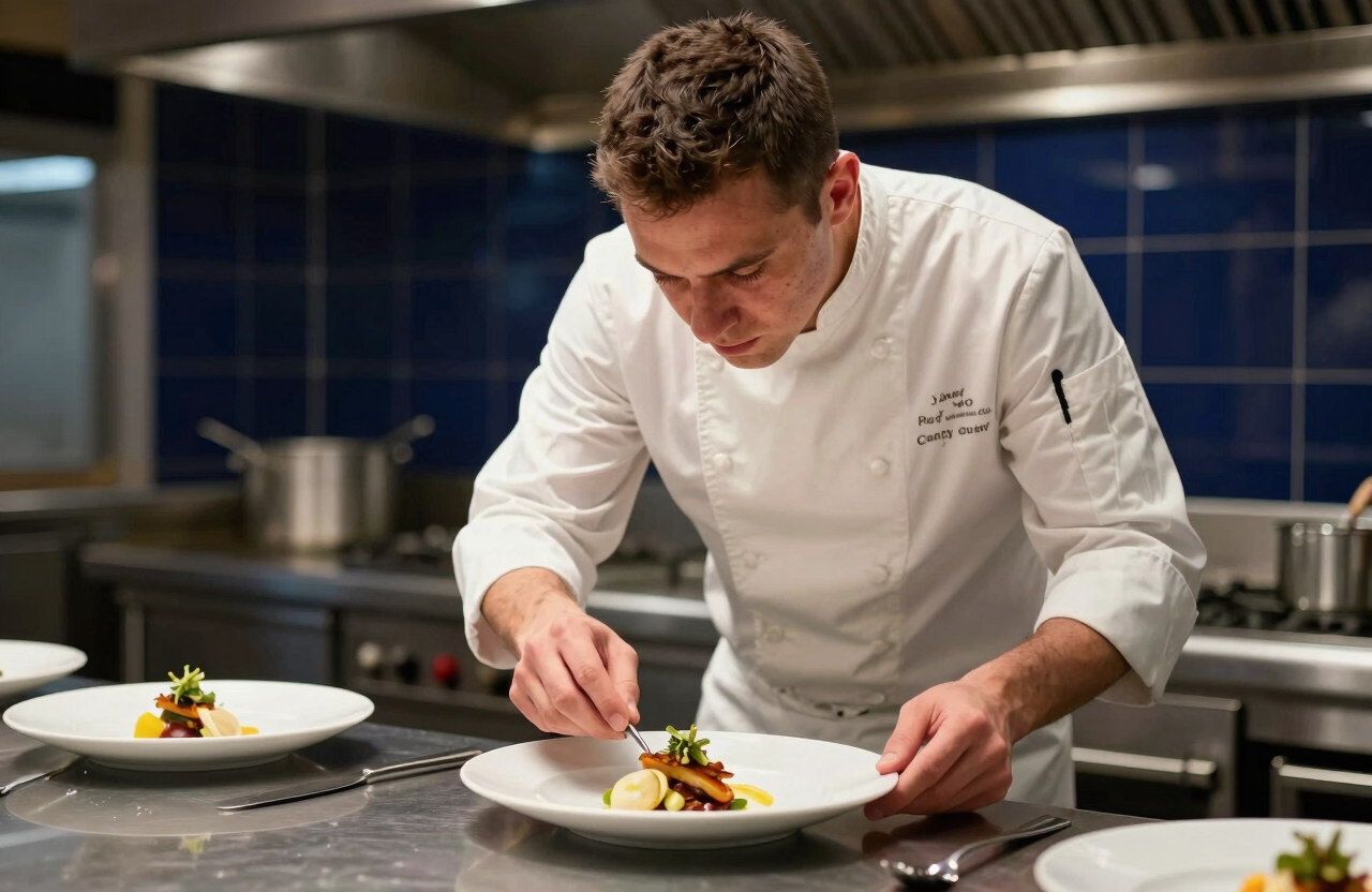 A focused chef plating a gourmet dish in a sleek, high-end North American / Quebecois restaurant kitchen. The lighting is focused and warm, with dark navy blue accents in the background tiles.