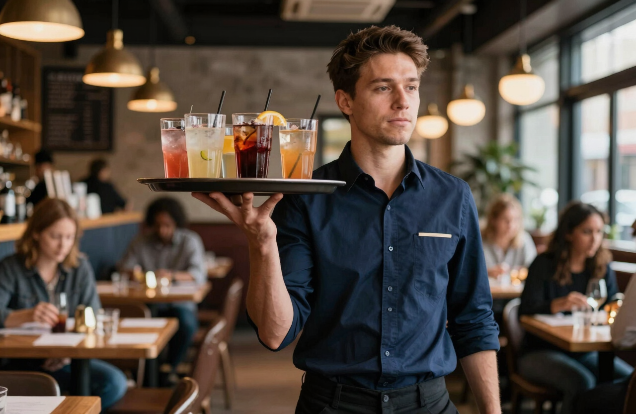 A professional server carrying a tray of drinks in a stylish North American / Quebecois bistro, bustling Montreal atmosphere, warm lighting, accents of Dark Navy Blue.