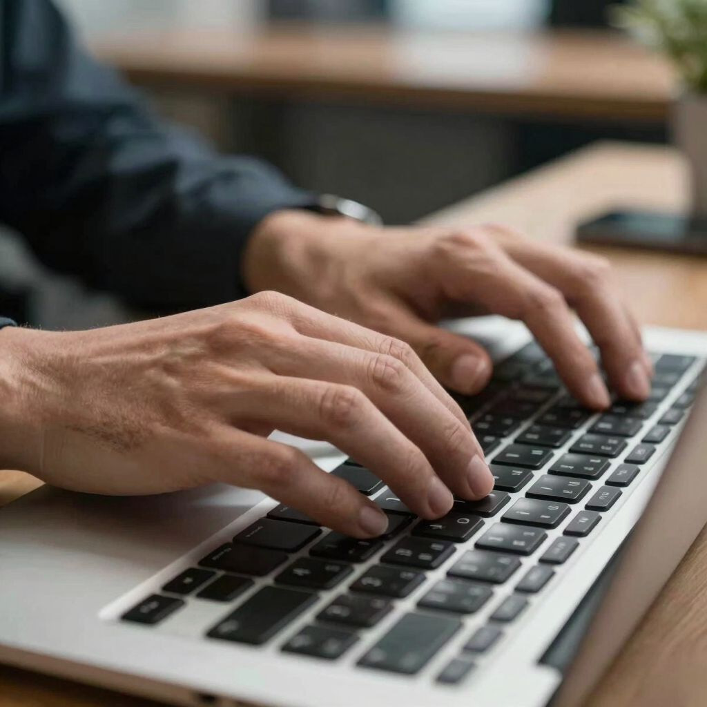 Close-up of hands typing on a modern keyboard in a North American / Quebecois IT startup environment.