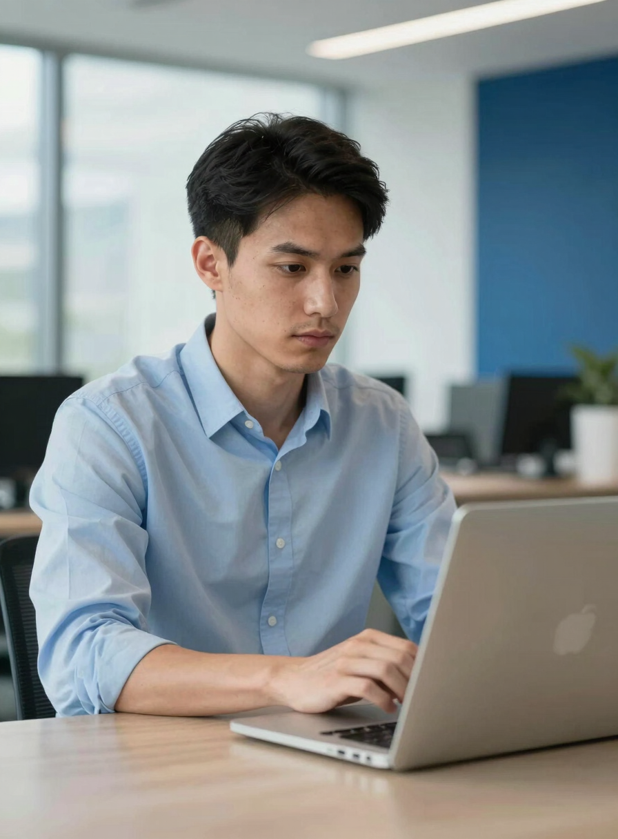 A professional in a modern North American / Quebecois office environment focusing on a laptop screen, with soft daylight and hints of Pale Blue and Deep Blue in the decor. Professional and clean aesthetic.