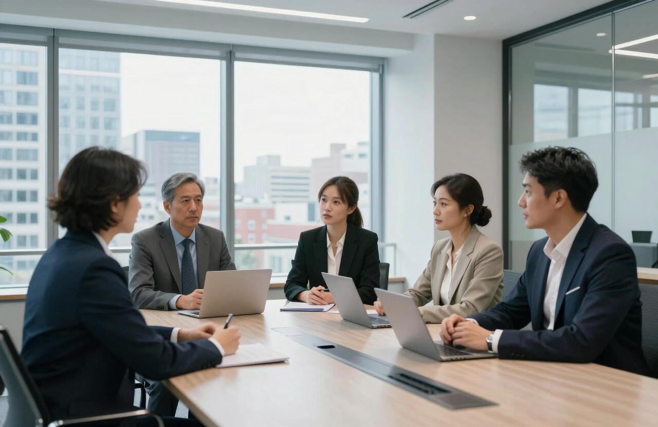 A professional business meeting in a bright North American / Quebecois boardroom with glass walls and views of the city, Dusty Blue corporate accents.