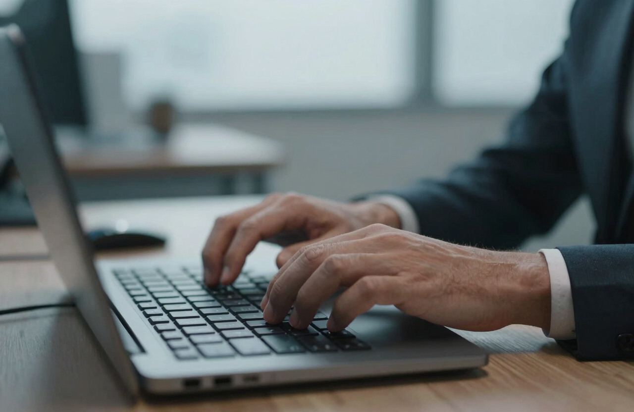 A close-up photograph of a professional's hands typing on a high-tech keyboard in a modern North American / Quebecois office, soft focus background, Slate Blue lighting.