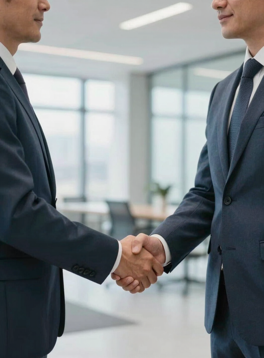 Two professionals shaking hands in a bright, modern North American / Quebecois corporate building. The scene uses colors like Slate Blue and Dusty Blue to convey trust and reliability.